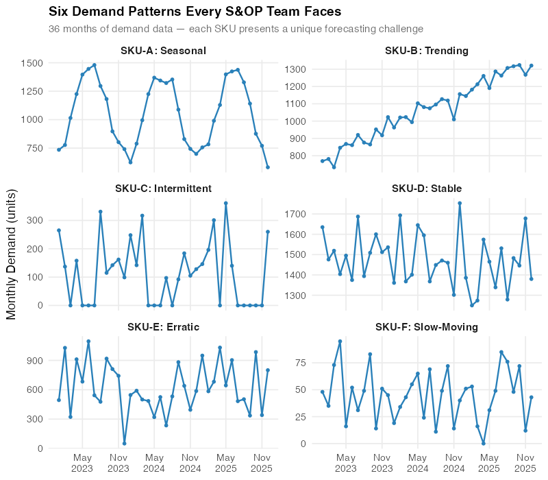 Demand patterns across 6 SKU types showing seasonal, trending, intermittent, stable, erratic, and slow-moving patterns